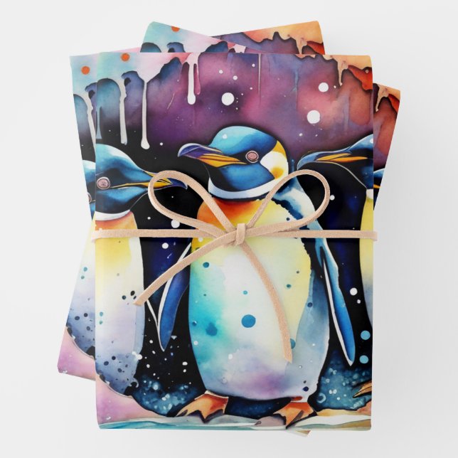 Watercolor Penguins Swimming Underwater Wrapping Paper Sheet (In situ)