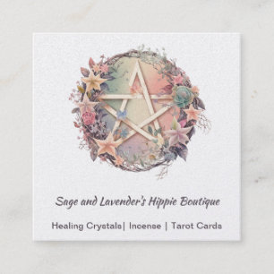 Watercolor Pentagram and Flowers Square Business C Card