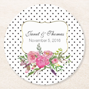 Watercolor Peonies and Dots Wedding Paper Coasters