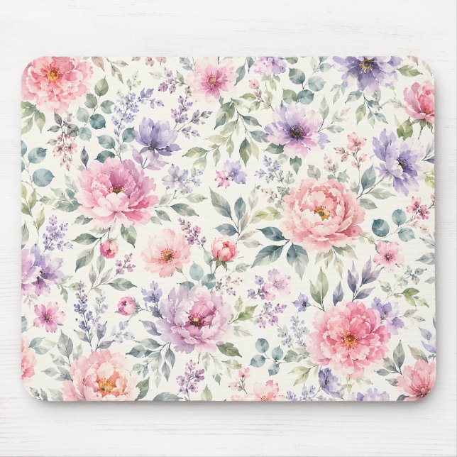 Watercolor Peonies and Lavender Floral Pattern Mouse Pad (Front)
