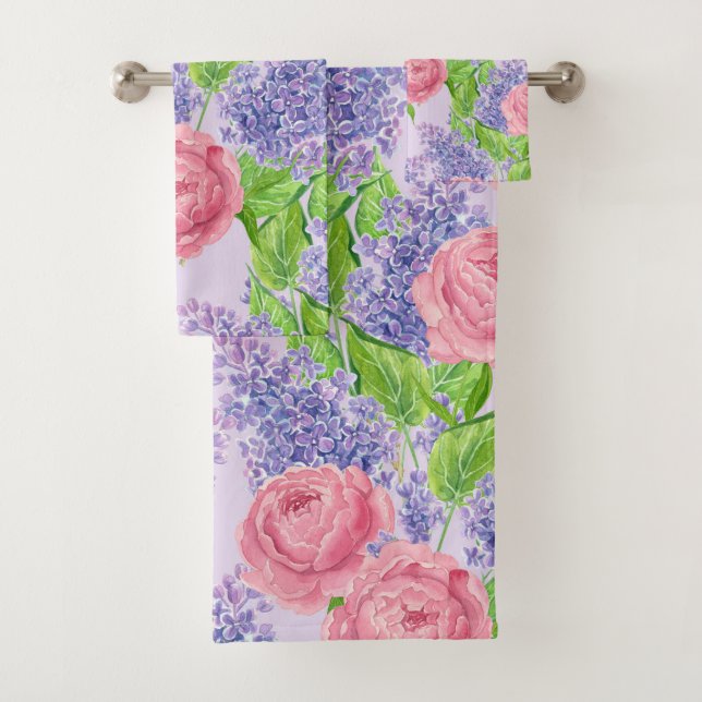 Watercolor peonies and lilacs bath towel set (Insitu)