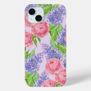 Watercolor peonies and lilacs iPhone 15 mini case