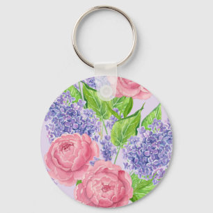 Watercolor peonies and lilacs keychain