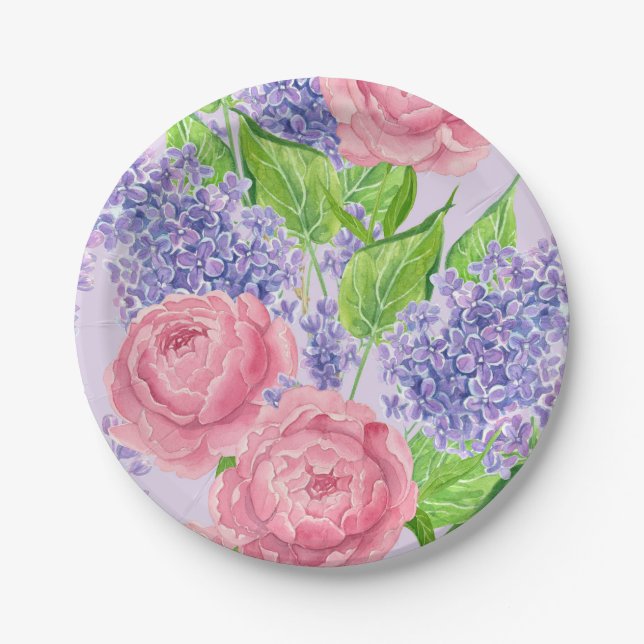 Watercolor peonies and lilacs paper plate (Front)
