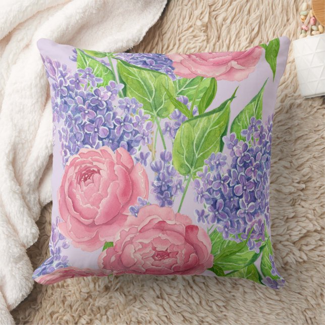 Watercolor peonies and lilacs throw pillow (Blanket)