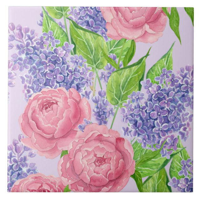 Watercolor peonies and lilacs tile (Front)
