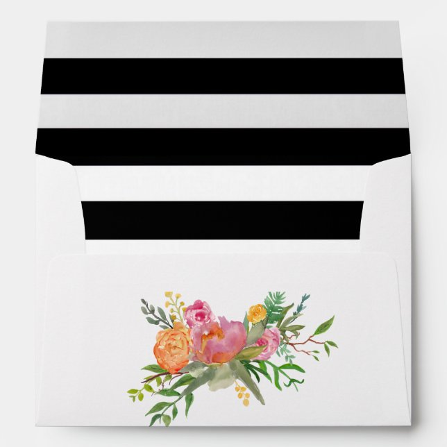 Watercolor Peonies and Stripes Wedding Envelope (Back (Bottom))