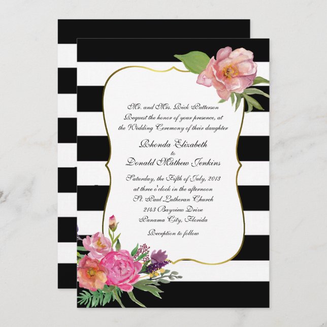 Watercolor Peonies and Stripess Wedding Invitation (Front/Back)