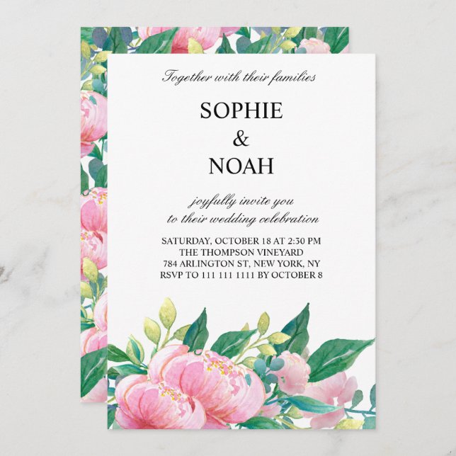 Watercolor Peonies Botanical Wedding Invitation (Front/Back)