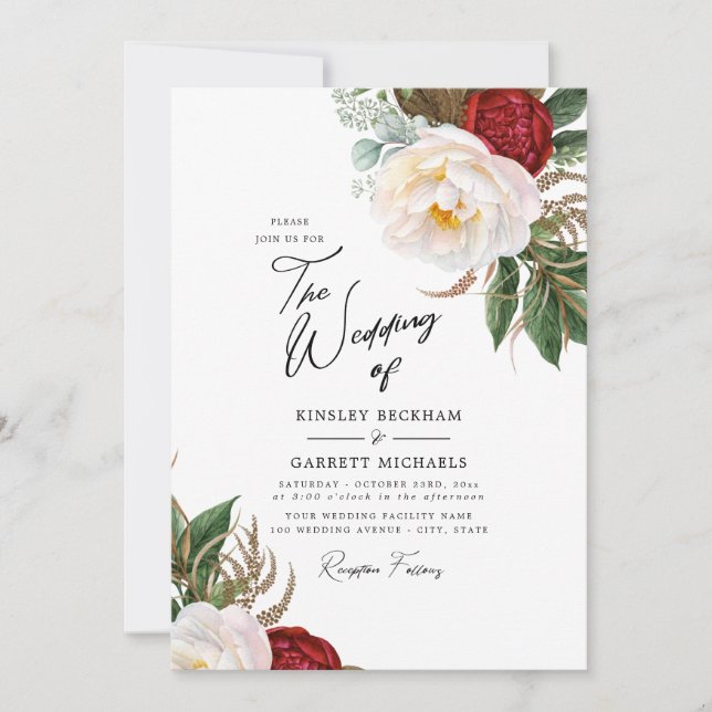 Watercolor Peonies Customizable White Wedding Invitation (Front)