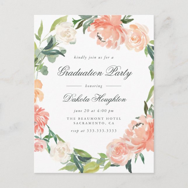 Watercolor Peonies & Eucalyptus Graduation Party Invitation Postcard (Front)