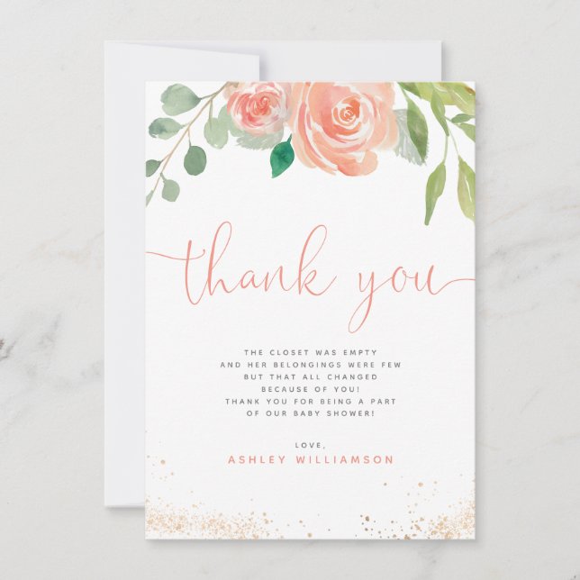 Watercolor Peonies Eucalyptus Greenery Thank You Card (Front)