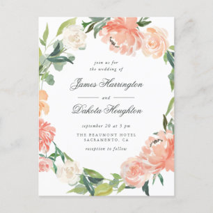 Watercolor Peonies & Eucalyptus Wreath Wedding Invitation Postcard