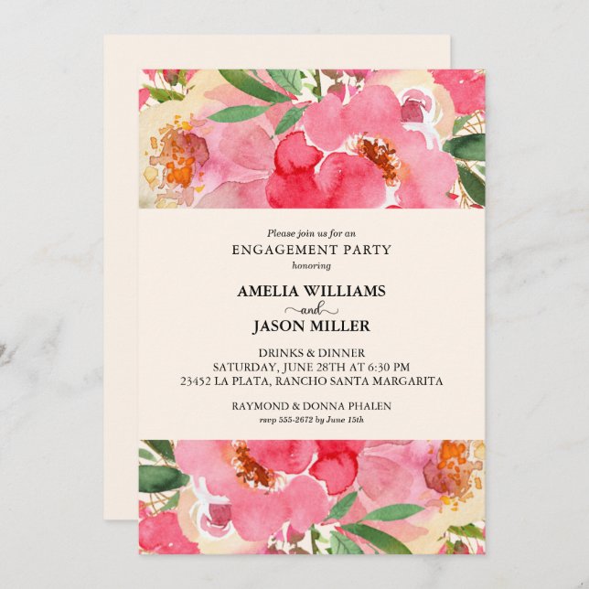 Watercolor Peonies Floral Engagement Party Invitation (Front/Back)
