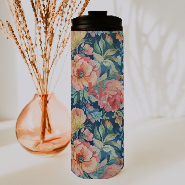 Watercolor Peonies Floral Monogram Thermal Tumbler (Creator Uploaded)