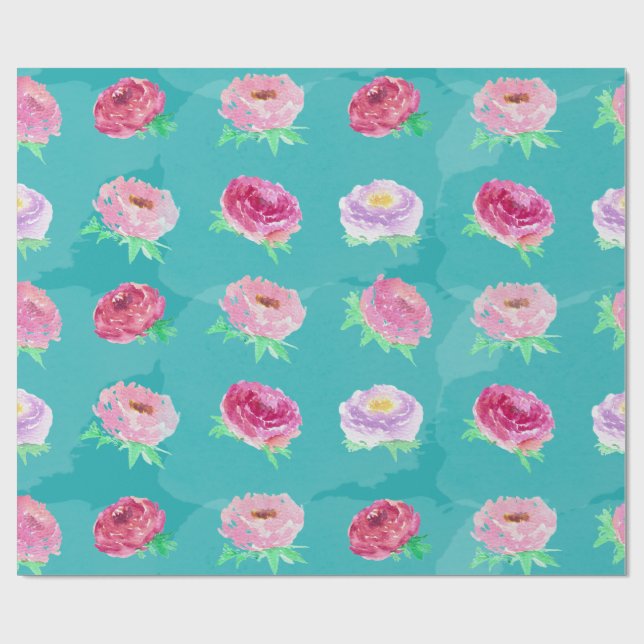 Watercolor Peonies Floral Pattern Gift Wrap (Flat)