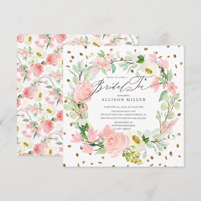 Watercolor Peonies Floral Wreath Bridal Tea Shower Invitation (Front/Back)