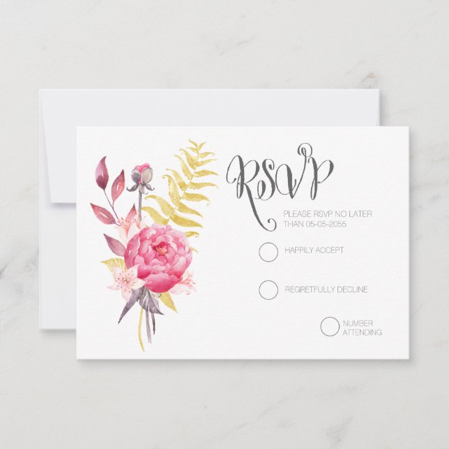 Watercolor Peonies Gold Wedding RSVP Cards (Front)