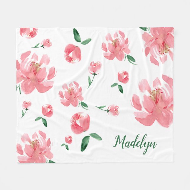 Watercolor Peonies Green Script Custom Name  Fleece Blanket (Front (Horizontal))