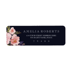 Watercolor Peonies Navy Return Address Label