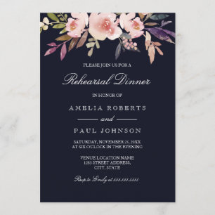 Watercolor Peonies Navy Wedding Rehearsal Dinner Invitation