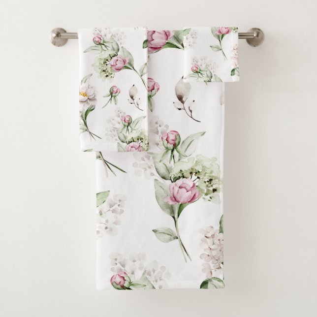   Watercolor Peonies Pattern Bath Towel Set (Insitu)