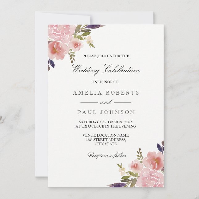 Watercolor Peonies Pink Purple Wedding Invitation (Front)