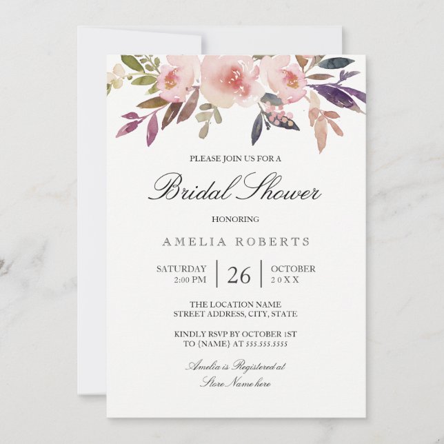 Watercolor Peonies Purple Pink Bridal Shower Invitation (Front)