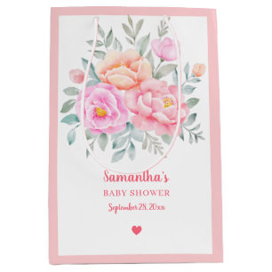 Watercolor Peonies Roses Pink Floral Bouquet Medium Gift Bag