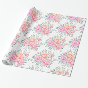 Watercolor Peonies Roses Pink Peach Floral Boho Wrapping Paper