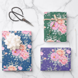 Watercolor Peonies Roses Pink Peach Floral Bouquet Wrapping Paper Sheet