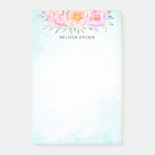 Watercolor Peonies Roses Pink Turquoise Floral Post-it Notes