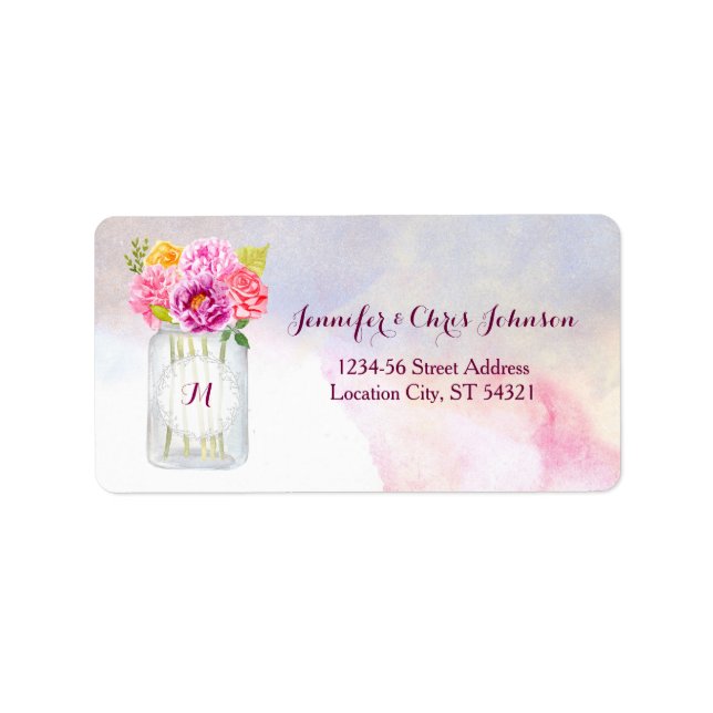 Watercolor Peonies Roses Rustic Mason Jar Wedding Label (Front)