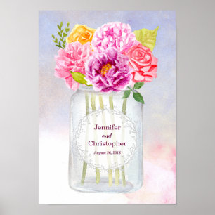 Watercolor Peonies Roses Rustic Mason Jar Wedding Poster