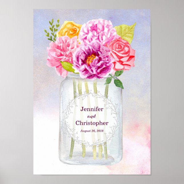 Watercolor Peonies Roses Rustic Mason Jar Wedding Poster (Front)