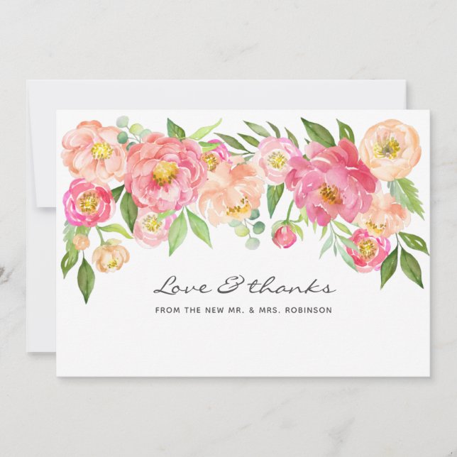 Watercolor Peonies Wedding Thank You Card (Front)