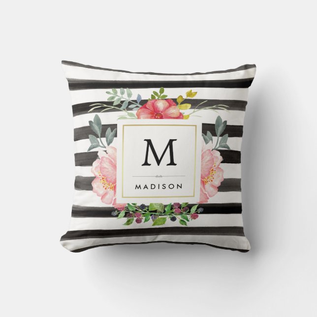 Watercolor Peonies with Black and White Stripes Throw Pillow (Front)