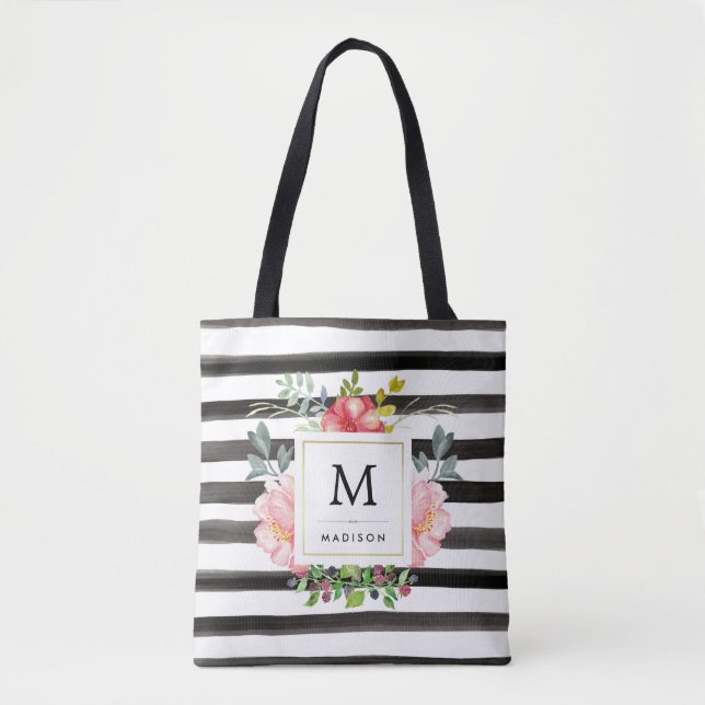 Watercolor Peonies with Black Stripes and Monogram Tote Bag (Front)