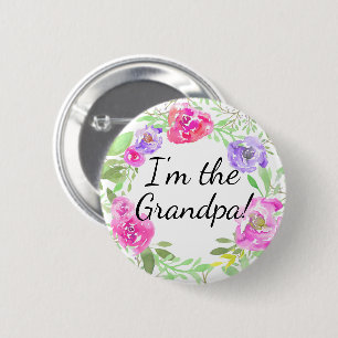 Watercolor Peony Baby Shower I am Grandpa Name Tag 2 Inch Round Button