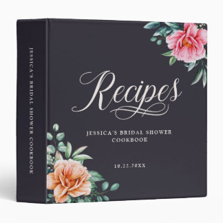 Watercolor Peony Black Bridal Shower Recipe Book Binder