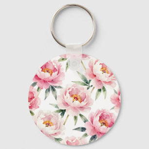 Watercolor Peony Blush Floral Pattern Keychain