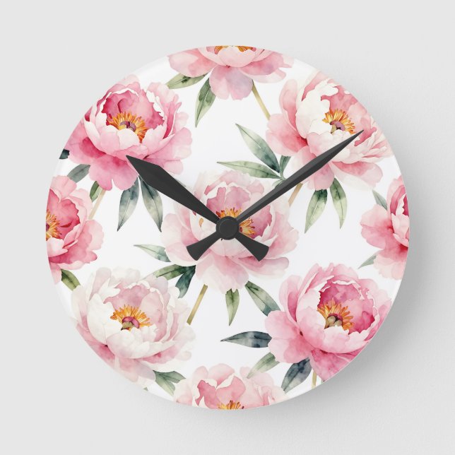 Watercolor Peony Blush Floral Pattern Round Clock (Front)