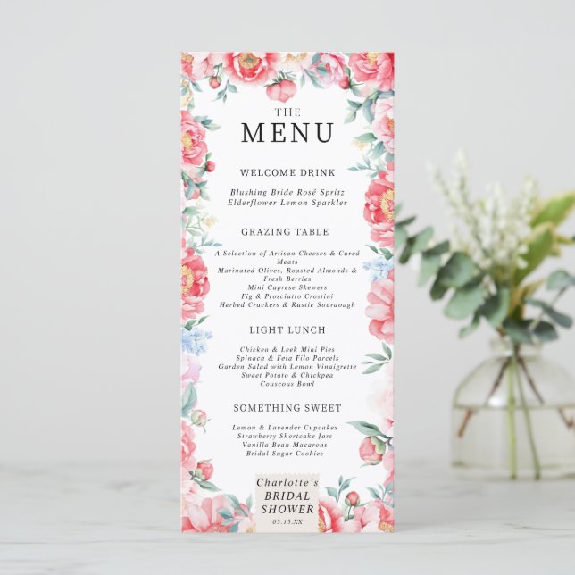 Watercolor Peony Bridal Shower Menu (Standing Front)