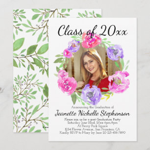 Watercolor Peony Classy Floral Photo Graduation Invitation