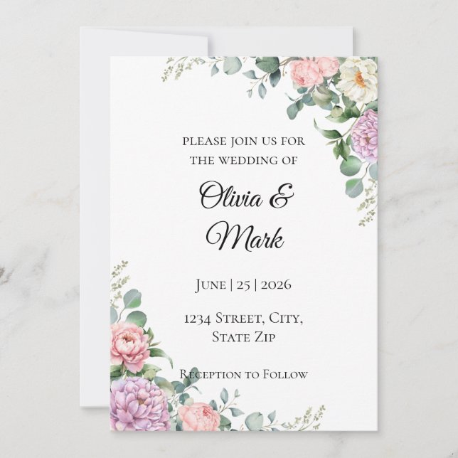 Watercolor Peony & Eucalyptus Wedding Invitation (Front)
