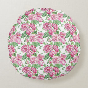 Watercolor peony field round pillow