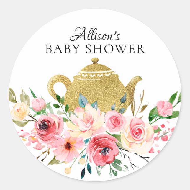 Watercolor Peony Floral Baby Tea Party Sticker (Front)