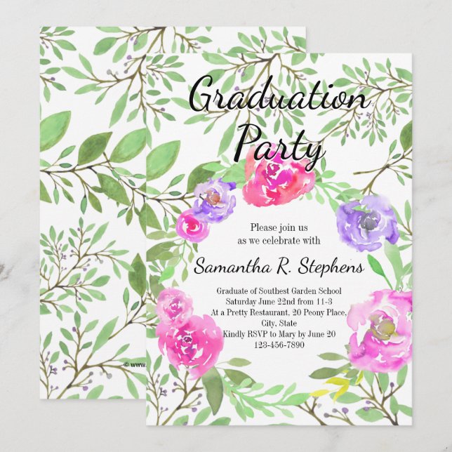 Watercolor Peony Floral Graduation Party Invitation (Front/Back)
