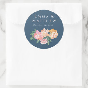 Watercolor Peony Floral Maximalist Blue Wedding Classic Round Sticker