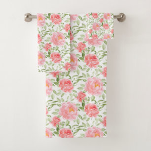 Watercolor Peony floral pattern Bath Towel Set